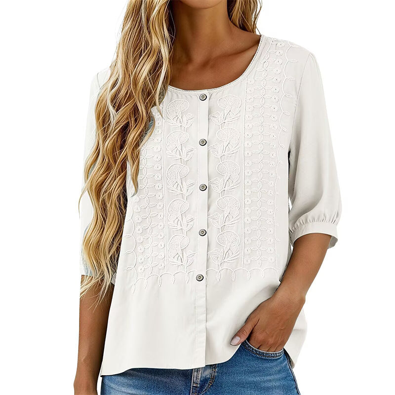 Lorrie - Embroidered Cotton and Linen Blouse