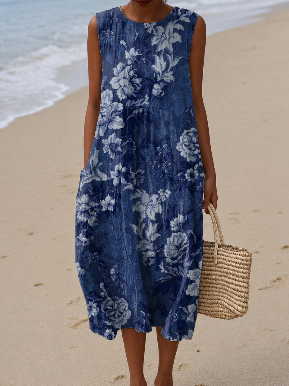 Sadie - Women's Sleeveless Printed Beach Midi Dress Loose