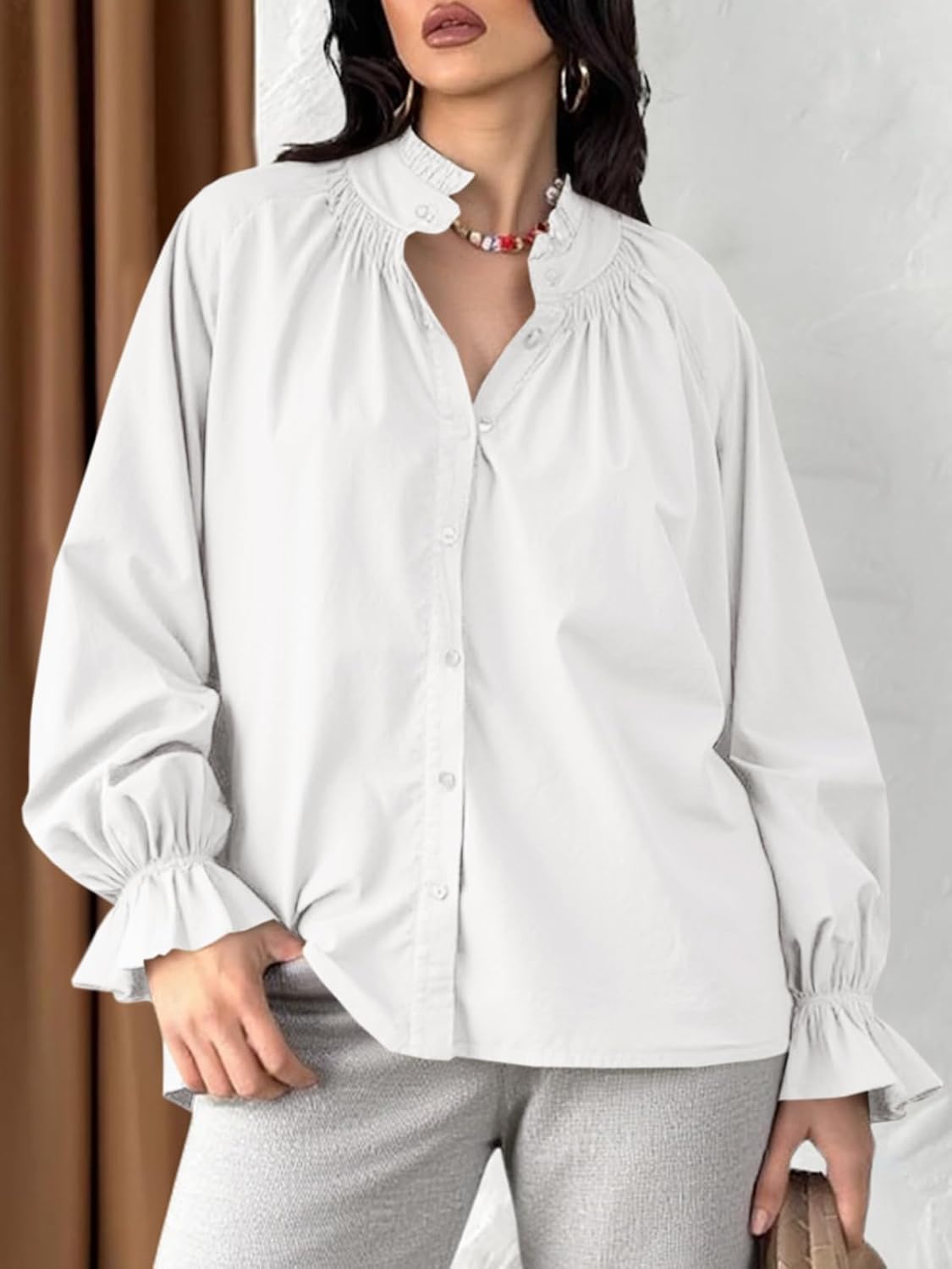 Livia - Cotton Puff Sleeve Button Down Blouse