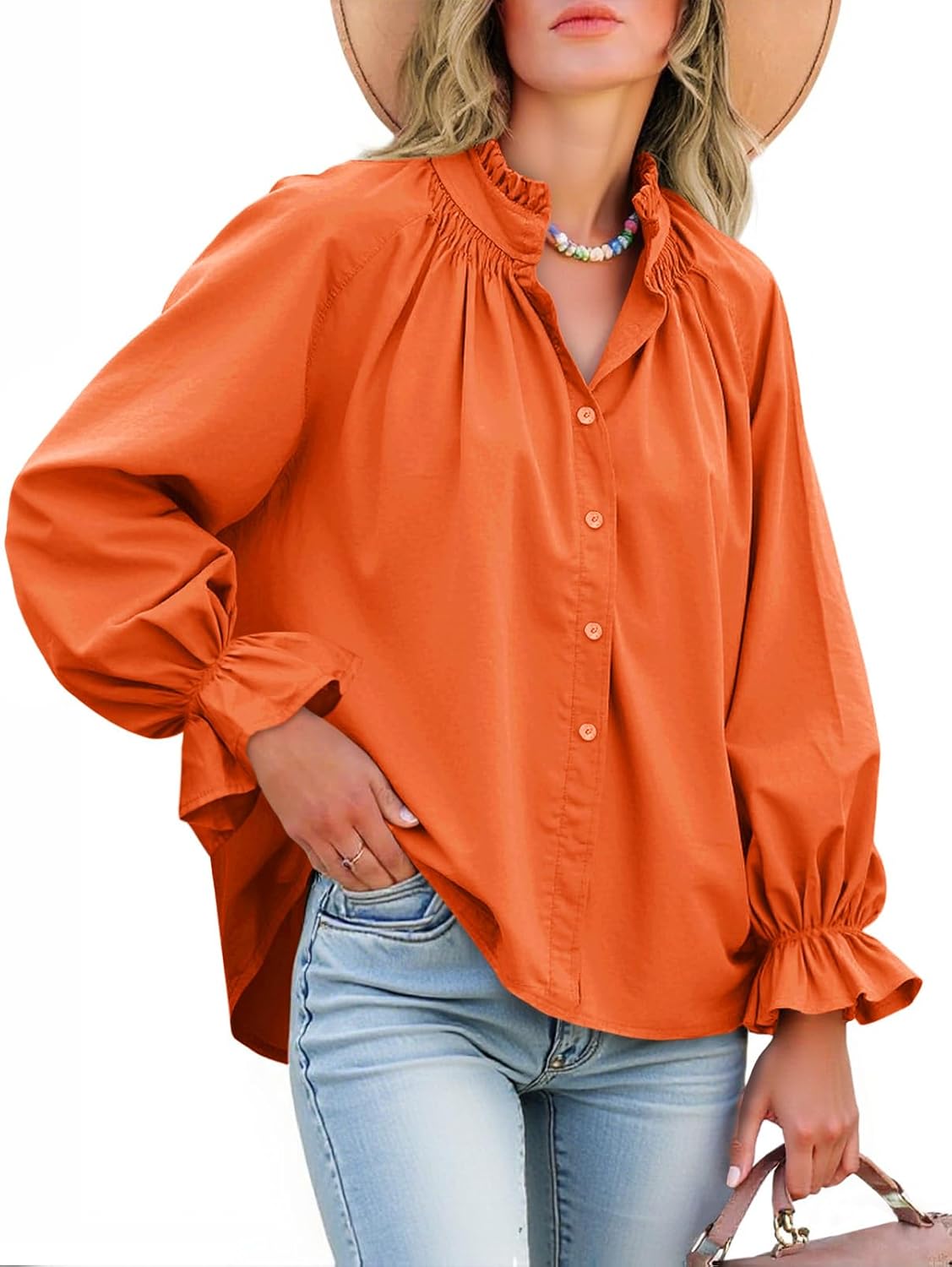 Livia - Cotton Puff Sleeve Button Down Blouse
