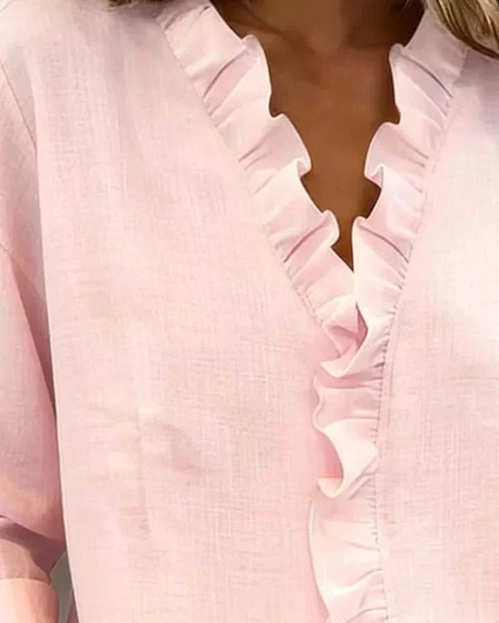 Susan | Blouse with Ruffles, V-Neck and Long Sleeves