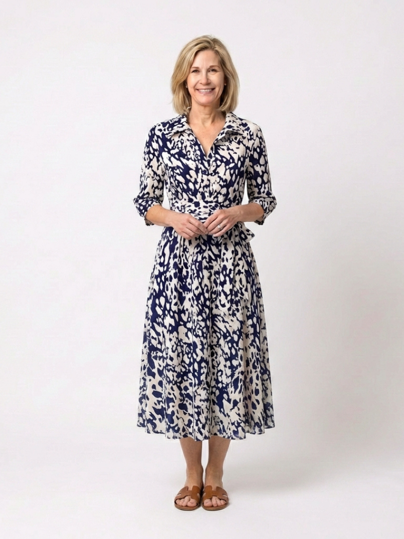 Oriana | Collared Long Sleeve Waist Tie Midi Dress