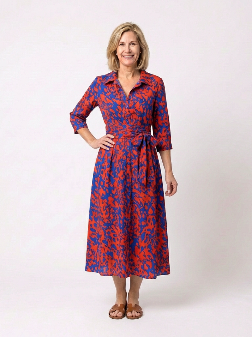 Oriana | Collared Long Sleeve Waist Tie Midi Dress