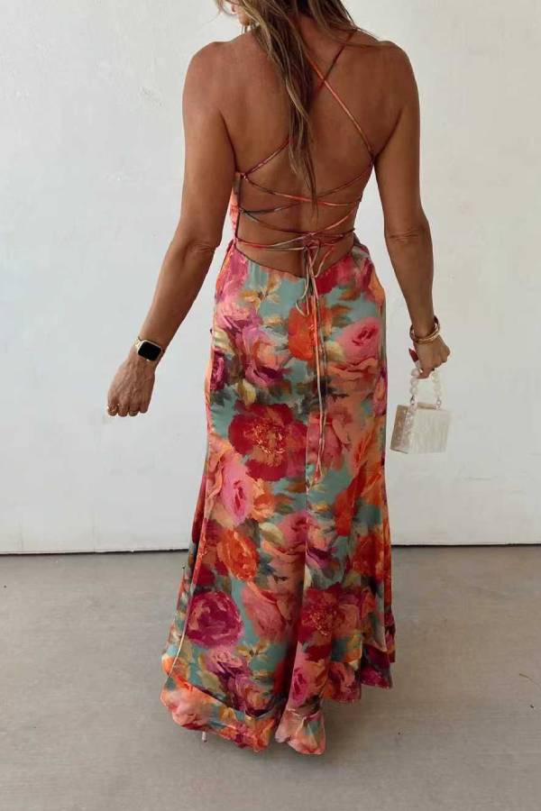 Fae  | Floral Backless Satin Maxi Dress