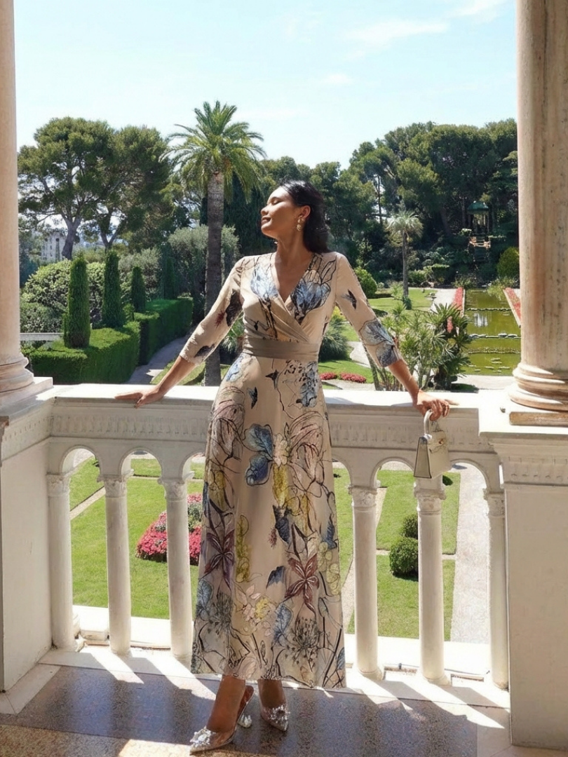 Margaret | Three Quarter Sleeve Floral Maxi Wrap Dress